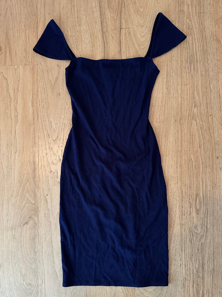 Reformation Navy Square Neck Ribbed Cap Sleeve Dress